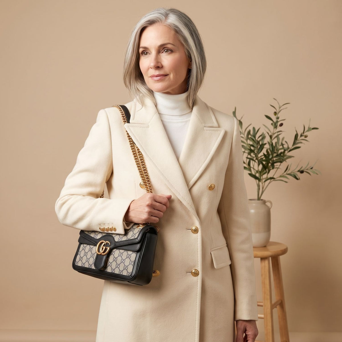 Women's Korean Wool Coat Double-Breasted Elegant Fit - White