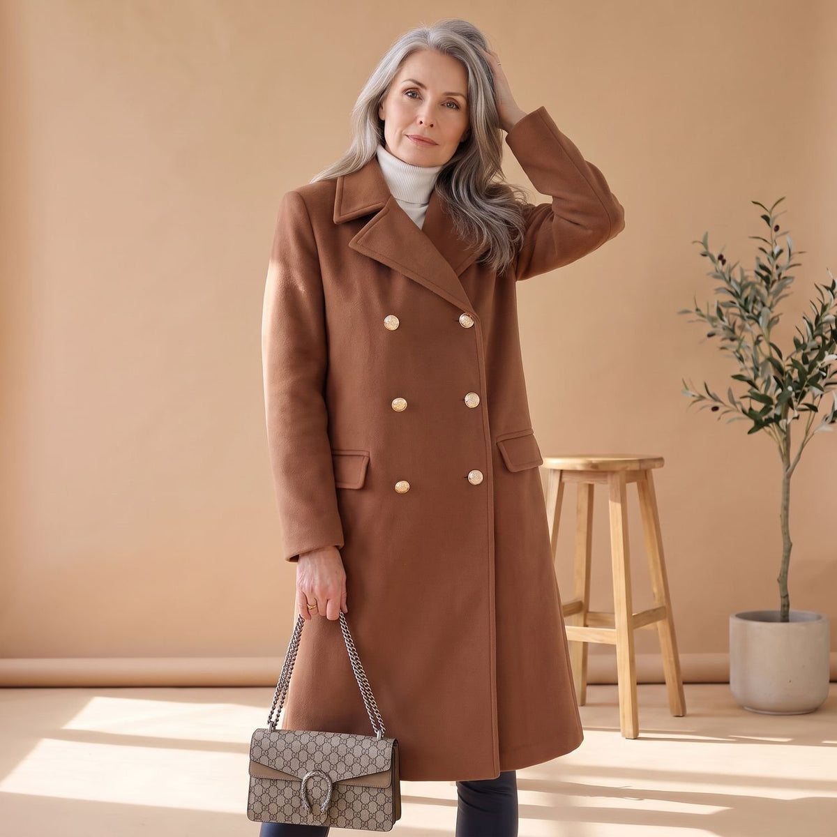 Women's Korean Wool Coat Double-Breasted Elegant Fit - Khaki