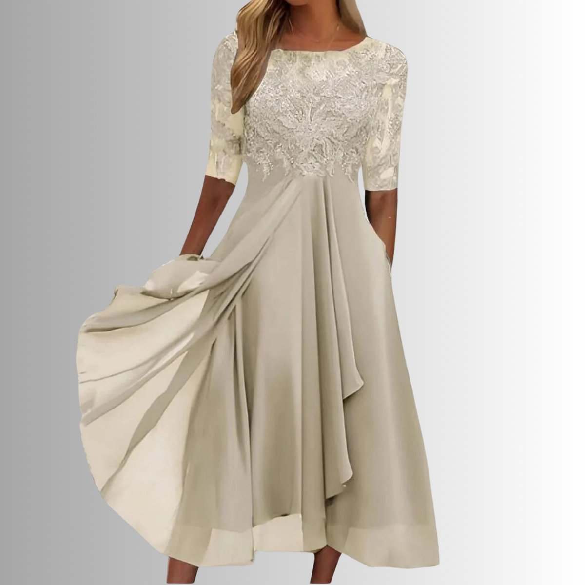 Women's Lace Bodice Chiffon Midi Formal Dresses Half Sleeve - Cream