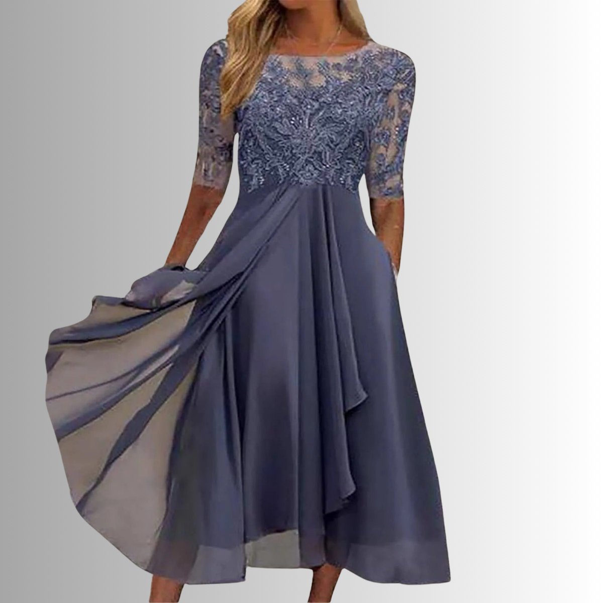Women's Lace Bodice Chiffon Midi Formal Dresses Half Sleeve - Purple