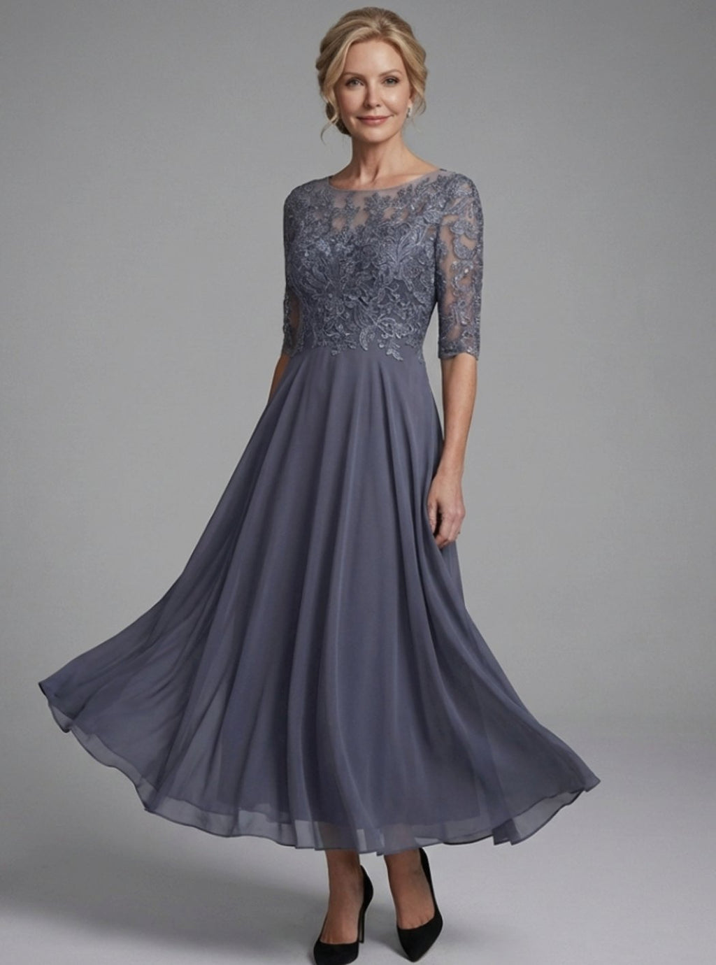 Women's Lace Bodice Sheer 3/4 Sleeve Midi Dress - Blue