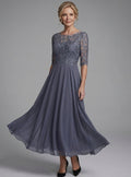 Women's Lace Bodice Sheer 3/4 Sleeve Midi Dress - Blue