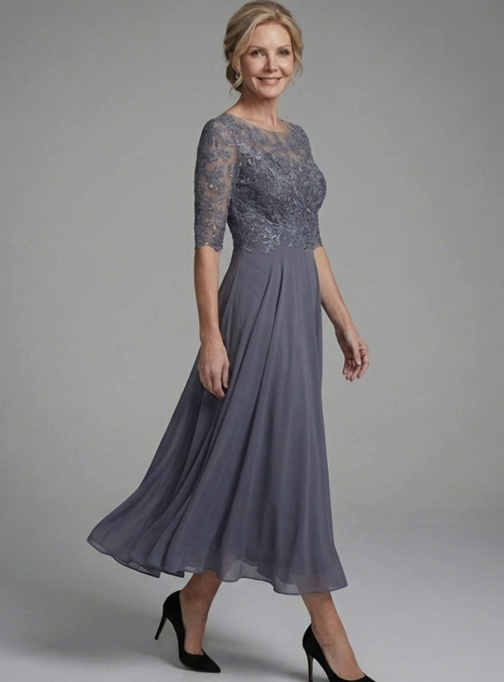 Women's Lace Bodice Sheer 3/4 Sleeve Midi Dress