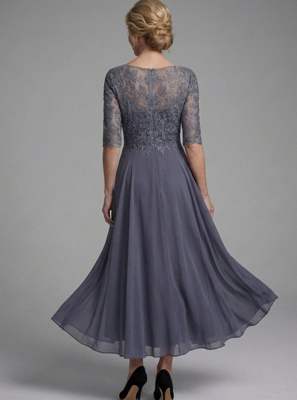 Women's Lace Bodice Sheer 3/4 Sleeve Midi Dress
