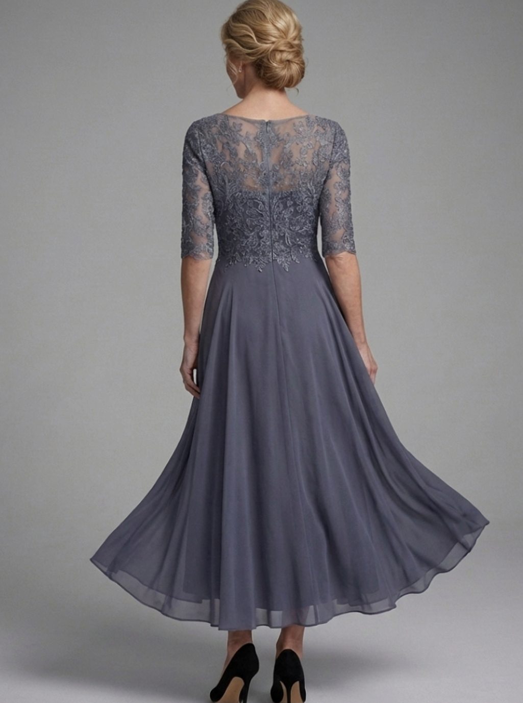 Women's Lace Bodice Sheer 3/4 Sleeve Midi Dress