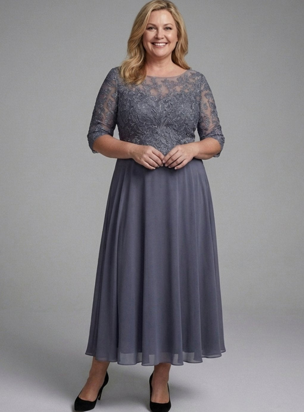 Women's Lace Bodice Sheer 3/4 Sleeve Midi Dress