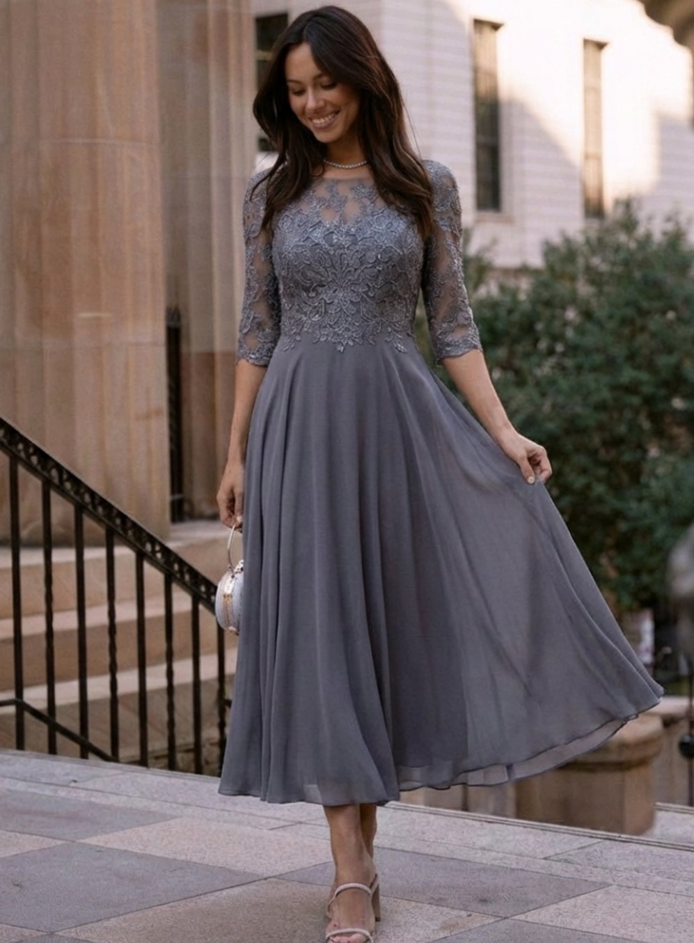 Women's Lace Bodice Sheer 3/4 Sleeve Midi Dress