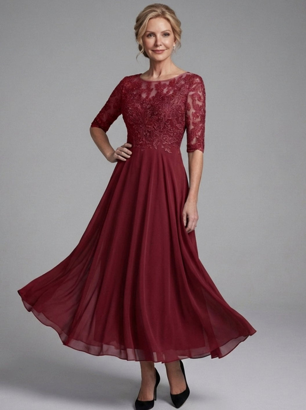 Women's Lace Bodice Sheer 3/4 Sleeve Midi Dress - Burgundy