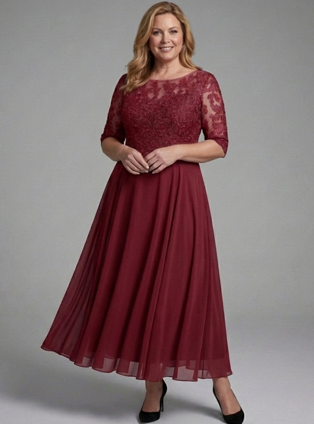 Women's Lace Bodice Sheer 3/4 Sleeve Midi Dress