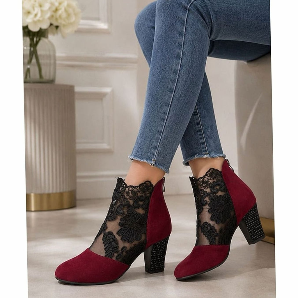 Women's Lace-Overlay Block Heel Ankle Boots