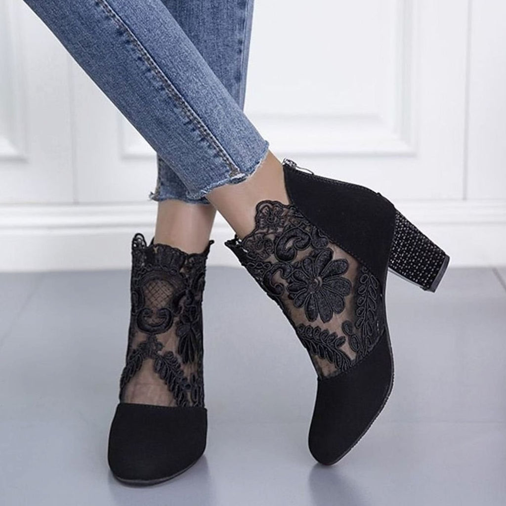 Women's Lace-Overlay Block Heel Ankle Boots