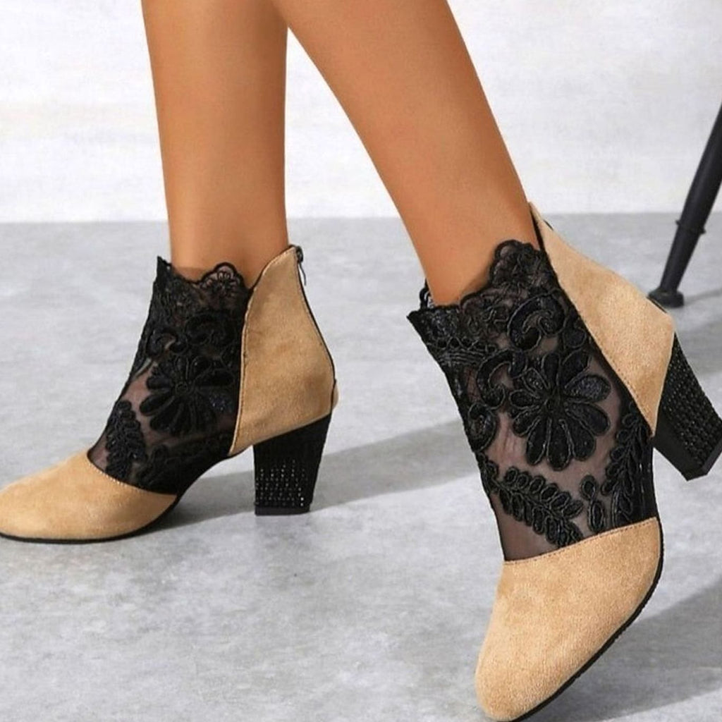 Women's Lace-Overlay Block Heel Ankle Boots - Yellow