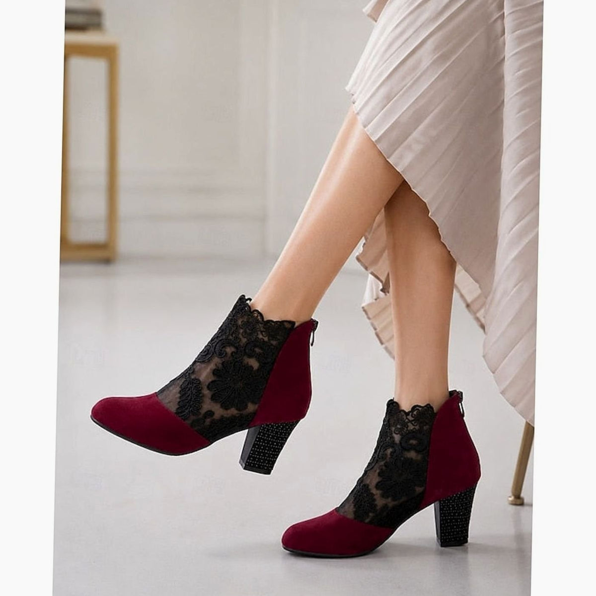 Women's Lace-Overlay Block Heel Ankle Boots