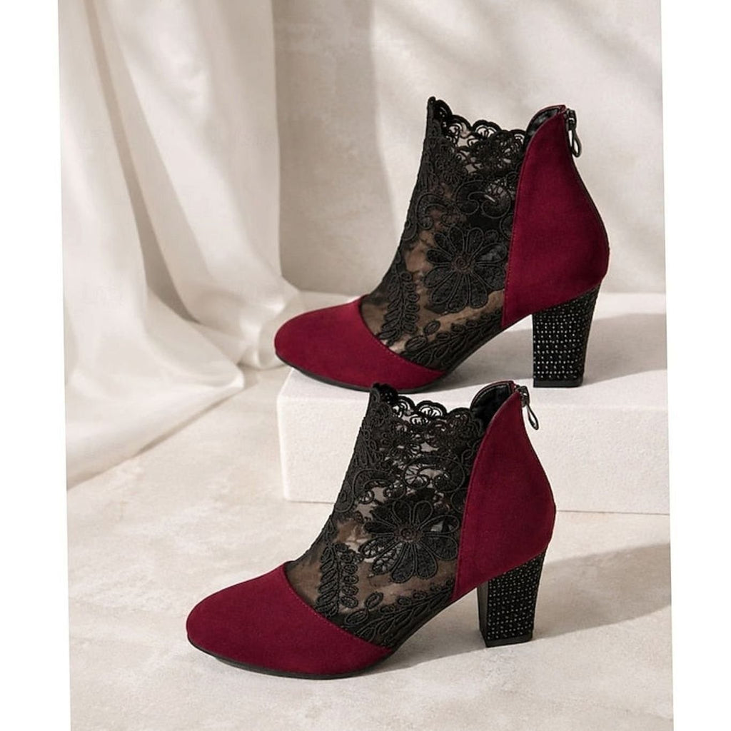 Women's Lace-Overlay Block Heel Ankle Boots