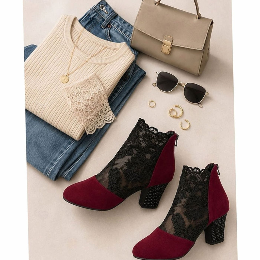 Women's Lace-Overlay Block Heel Ankle Boots