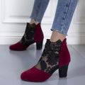 Women's Lace-Overlay Block Heel Ankle Boots - Wine