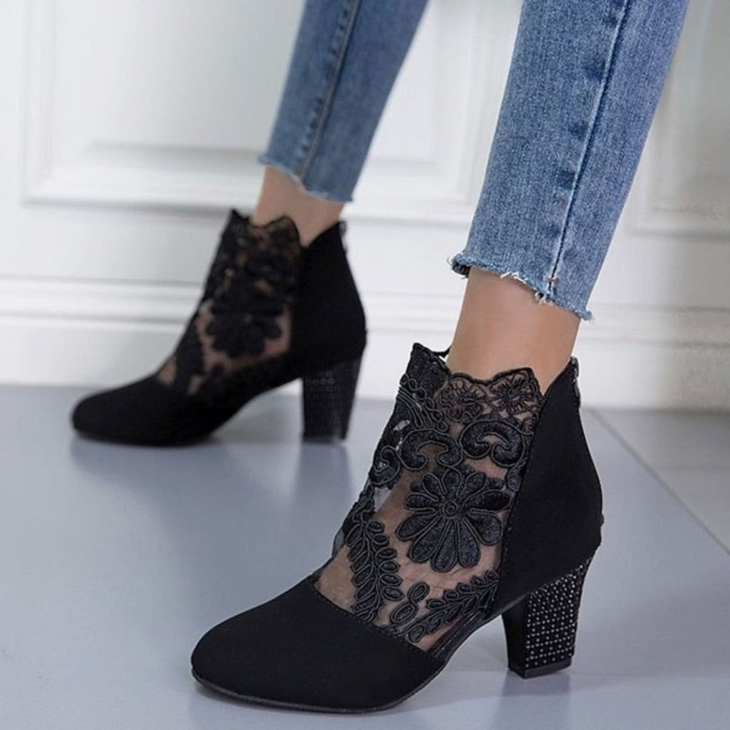Women's Lace-Overlay Block Heel Ankle Boots - Black