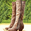 Women's Lace-Trim Block-Heel Side-Zip Knee High Boots - Brown