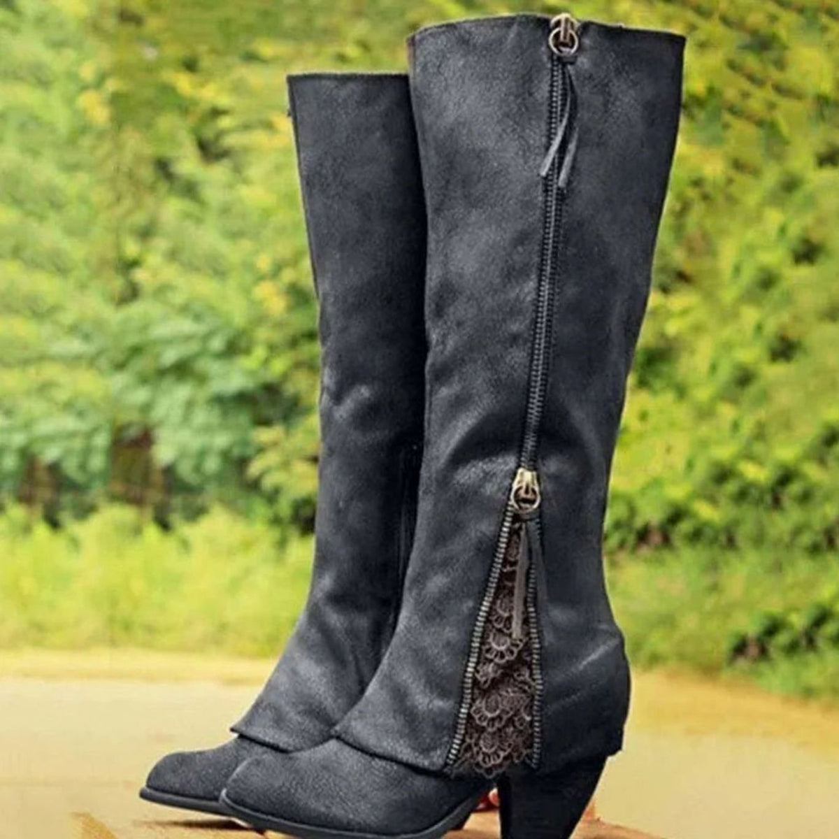 Women's Lace-Trim Block-Heel Side-Zip Knee High Boots - Black