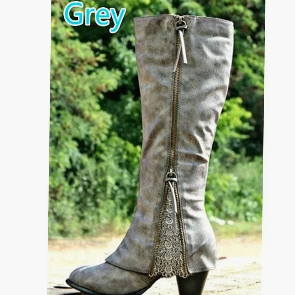 Women's Lace-Trim Block-Heel Side-Zip Knee High Boots - Gray