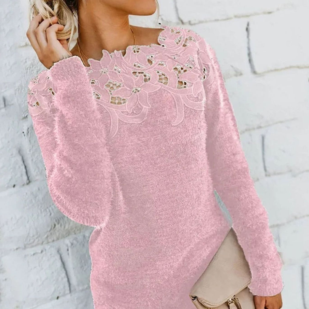 Women's Lace-Trim Floral-Neckline Long Sleeve Knit Sweater - Pink