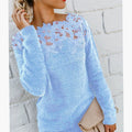 Women's Lace-Trim Floral-Neckline Long Sleeve Knit Sweater - Blue