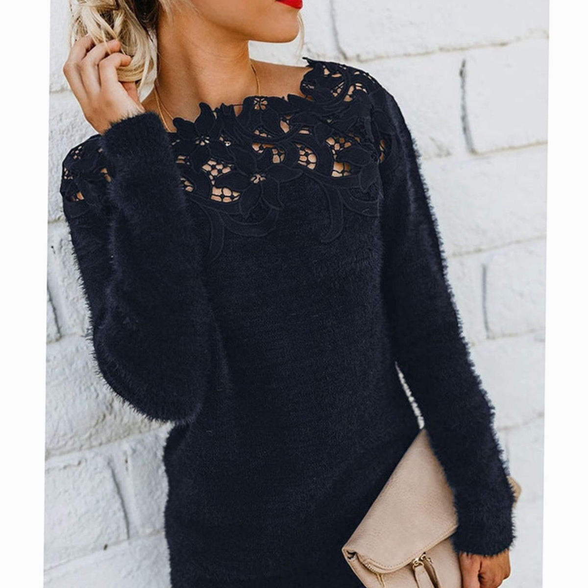 Women's Lace-Trim Floral-Neckline Long Sleeve Knit Sweater - Black
