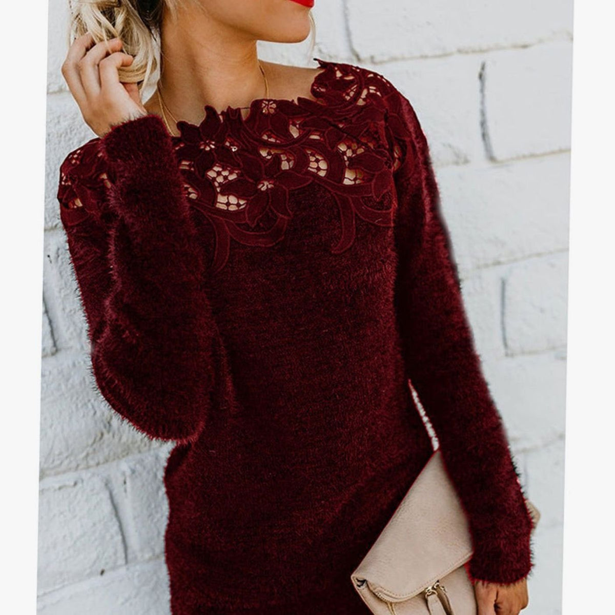 Women's Lace-Trim Floral-Neckline Long Sleeve Knit Sweater - Red Wine