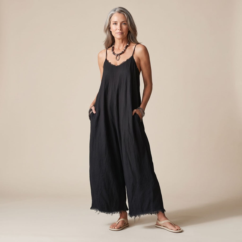 Women's Lace-Trim Spaghetti Strap Relaxed Wide-Leg Jumpsuit