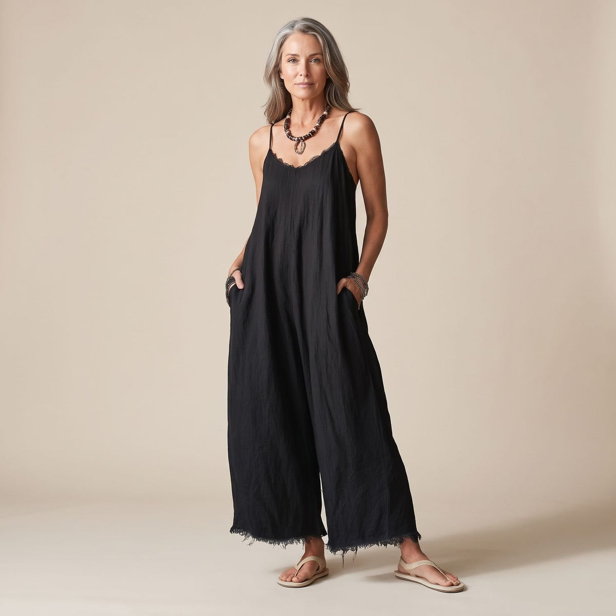 Women's Lace-Trim Spaghetti Strap Relaxed Wide-Leg Jumpsuit