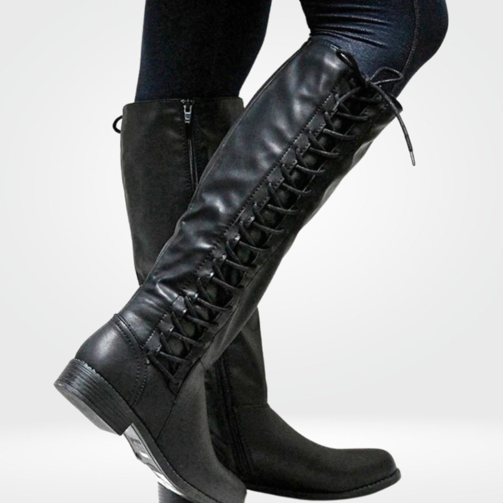 Women's Lace-Up Back Knee High Boots Low Block Heel - Black