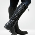 Women's Lace-Up Back Knee High Boots Low Block Heel - Black