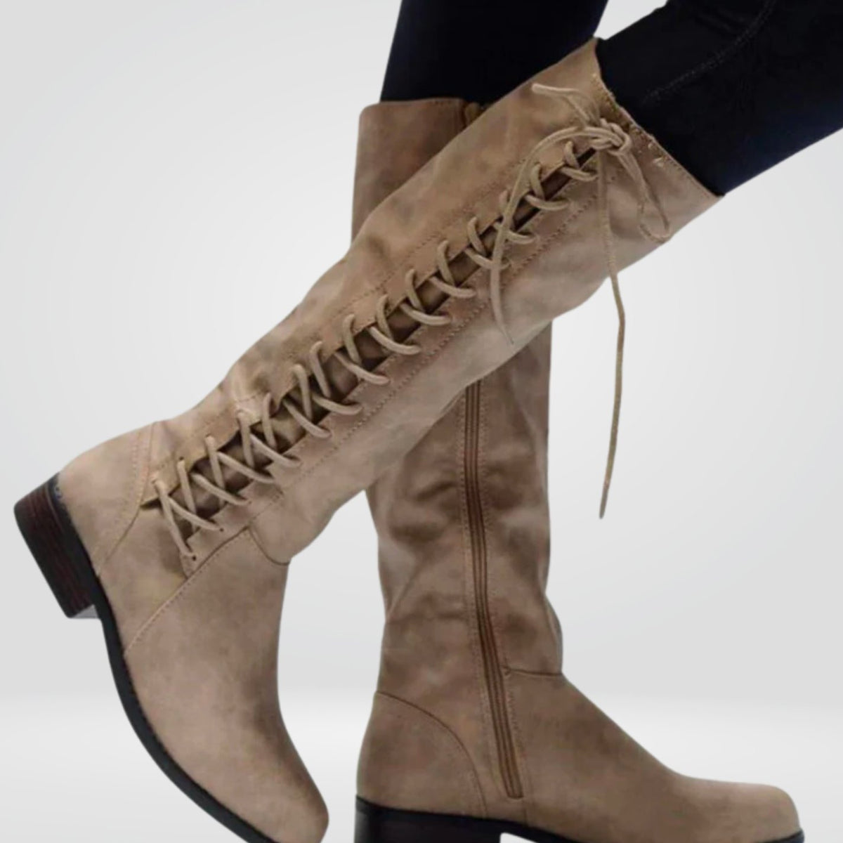 Women's Lace-Up Back Knee High Boots Low Block Heel - Beige