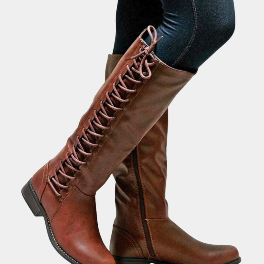 Women's Lace-Up Back Knee High Boots Low Block Heel - Brown