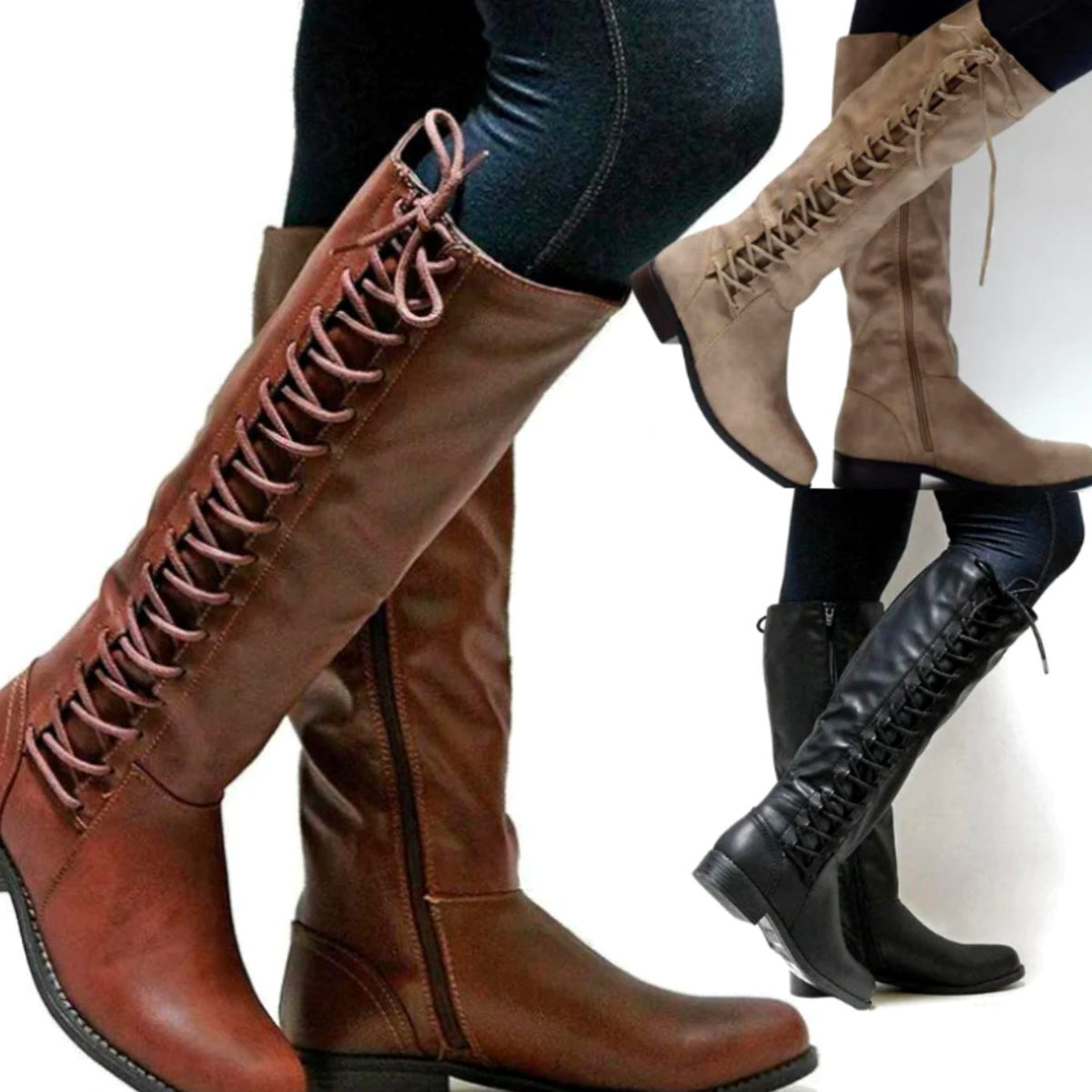 Women's Lace-Up Back Knee High Boots Low Block Heel