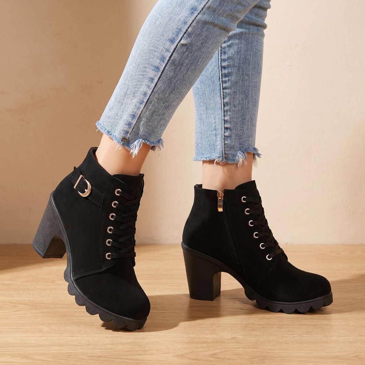 Women's Lace-Up Buckle Block-Heel Ankle Boots