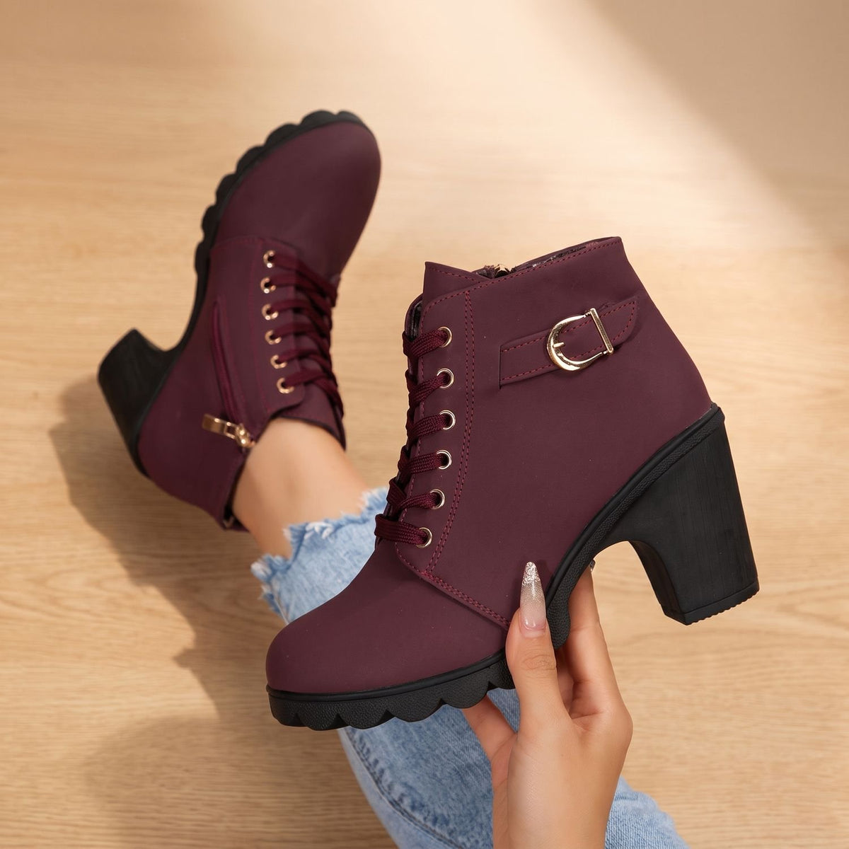 Women's Lace-Up Buckle Block-Heel Ankle Boots - Burgundy
