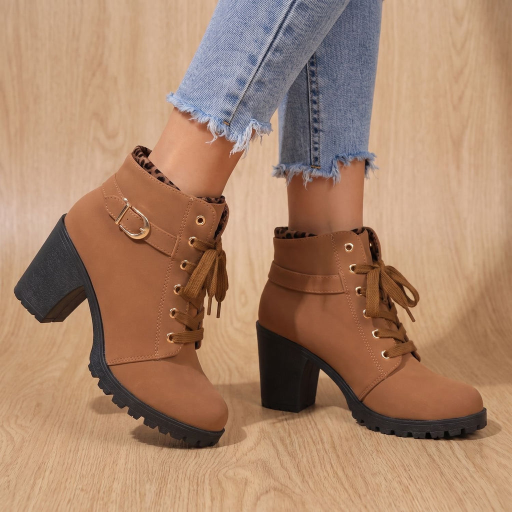 Women's Lace-Up Buckle Block-Heel Ankle Boots - Brown