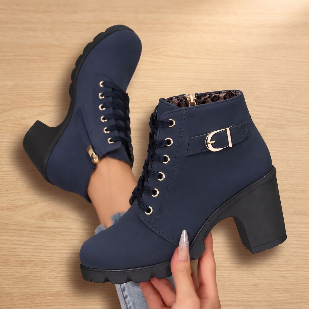 Women's Lace-Up Buckle Block-Heel Ankle Boots - Blue