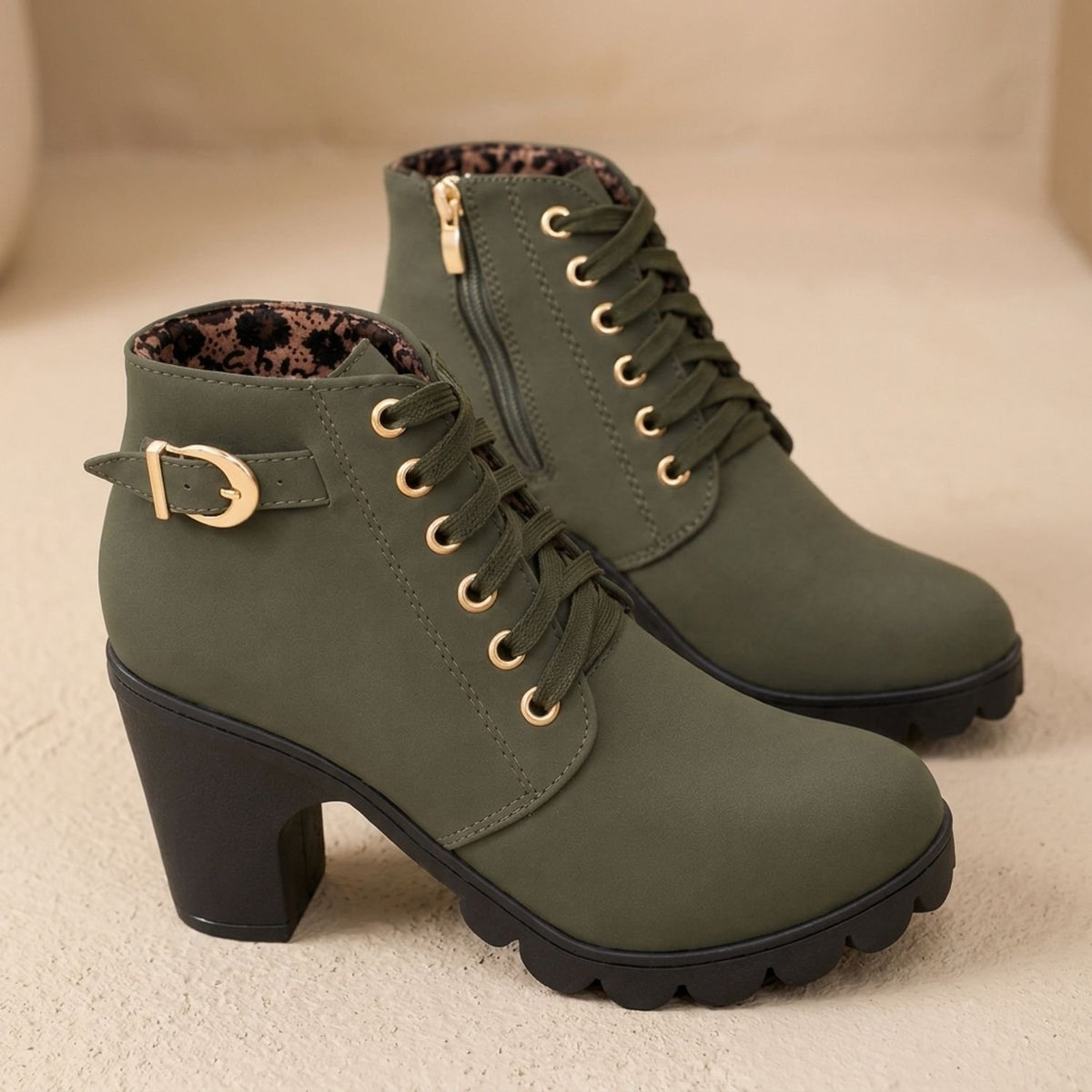 Women's Lace-Up Buckle Block-Heel Ankle Boots - Army Green
