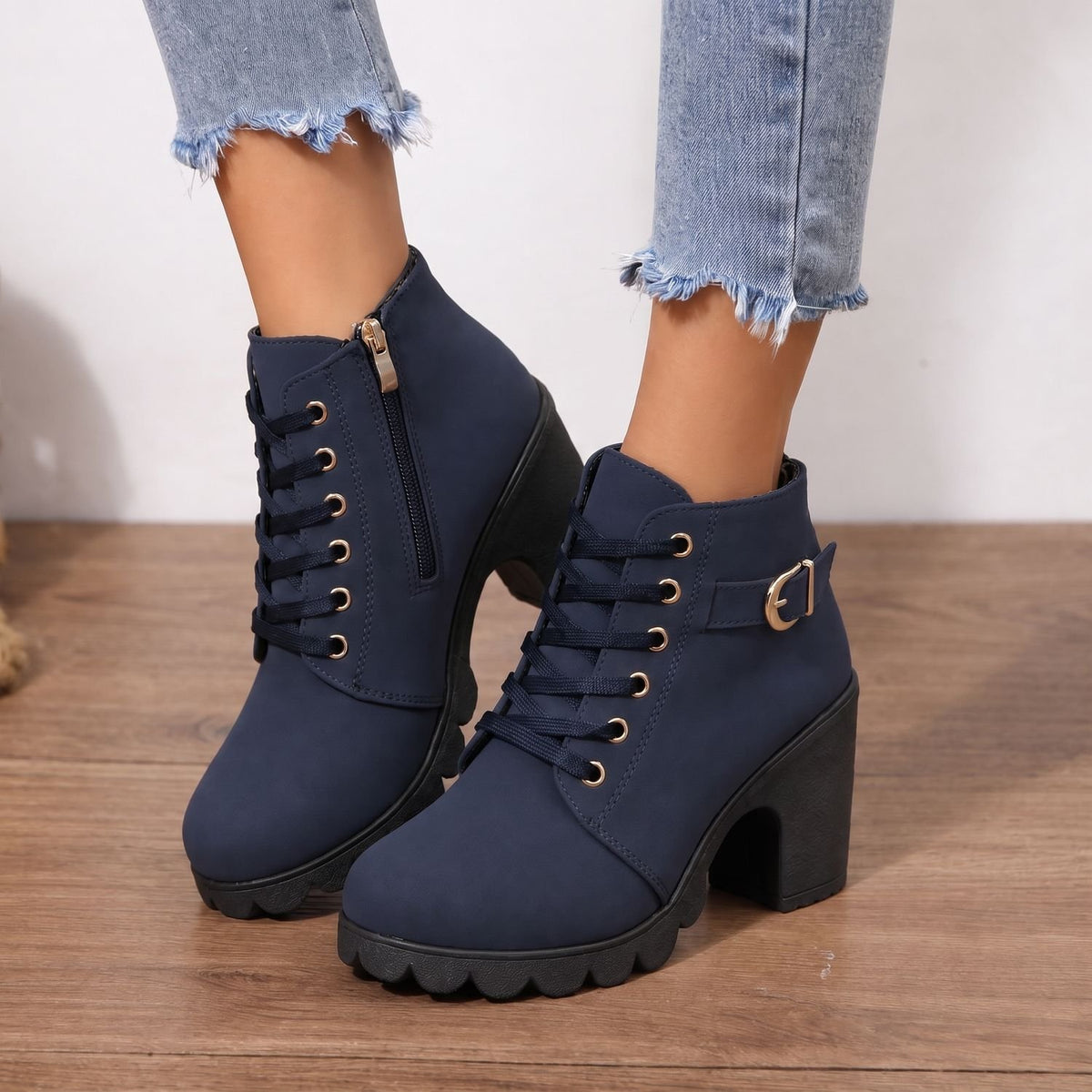 Women's Lace-Up Buckle Block-Heel Ankle Boots