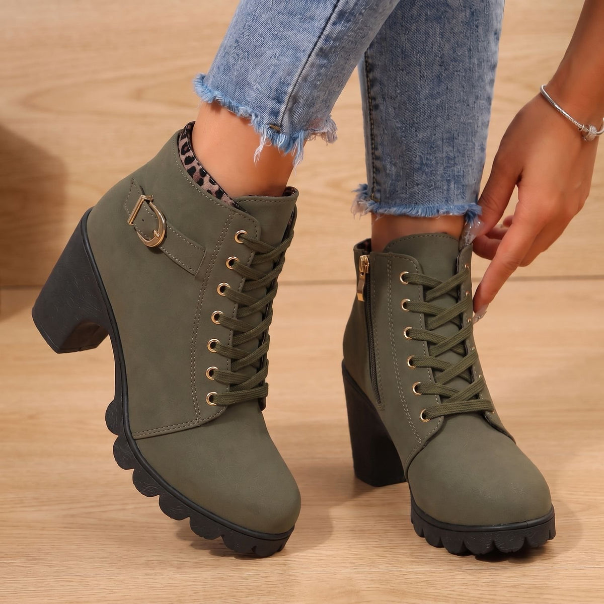 Women's Lace-Up Buckle Block-Heel Ankle Boots