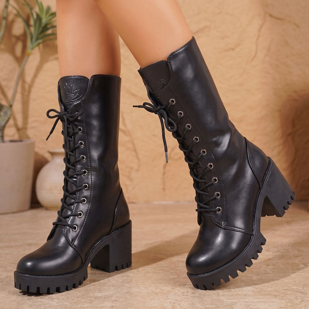 Women's Lace-Up Chunky Heel Mid-Calf Combat Boots