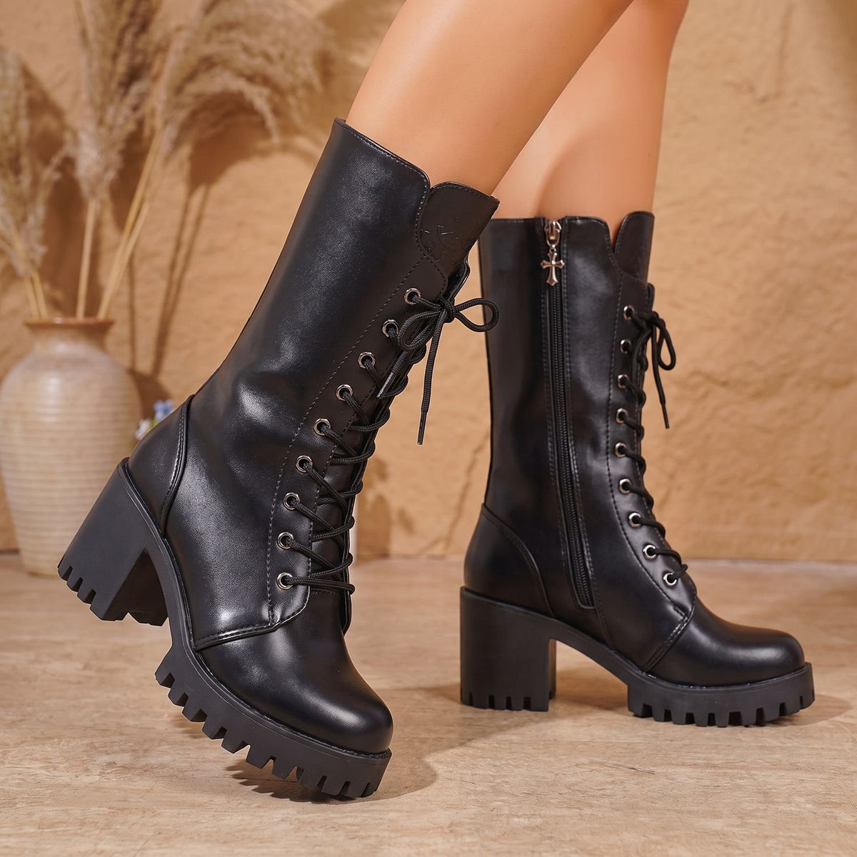 Women's Lace-Up Chunky Heel Mid-Calf Combat Boots