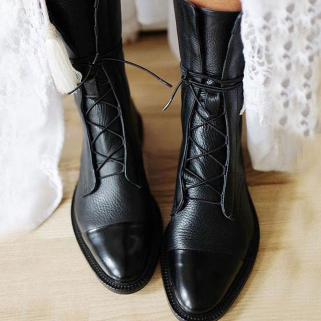 Women's Lace-Up Flat Combat Style Boots Cap-Toe Leather