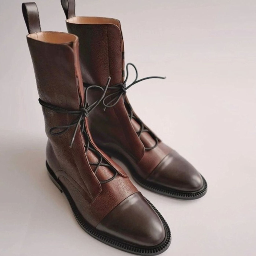 Women's Lace-Up Flat Combat Style Boots Cap-Toe Leather - Brown