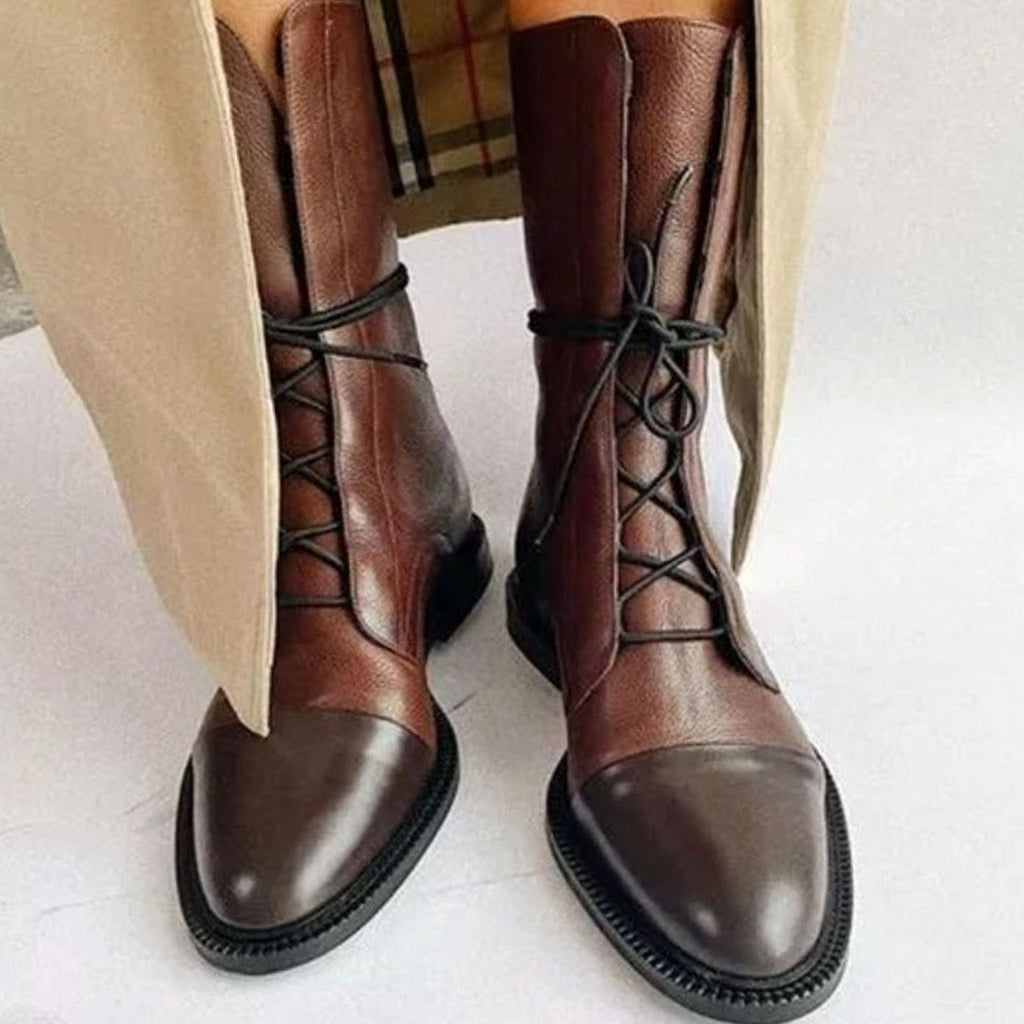 Women's Lace-Up Flat Combat Style Boots Cap-Toe Leather