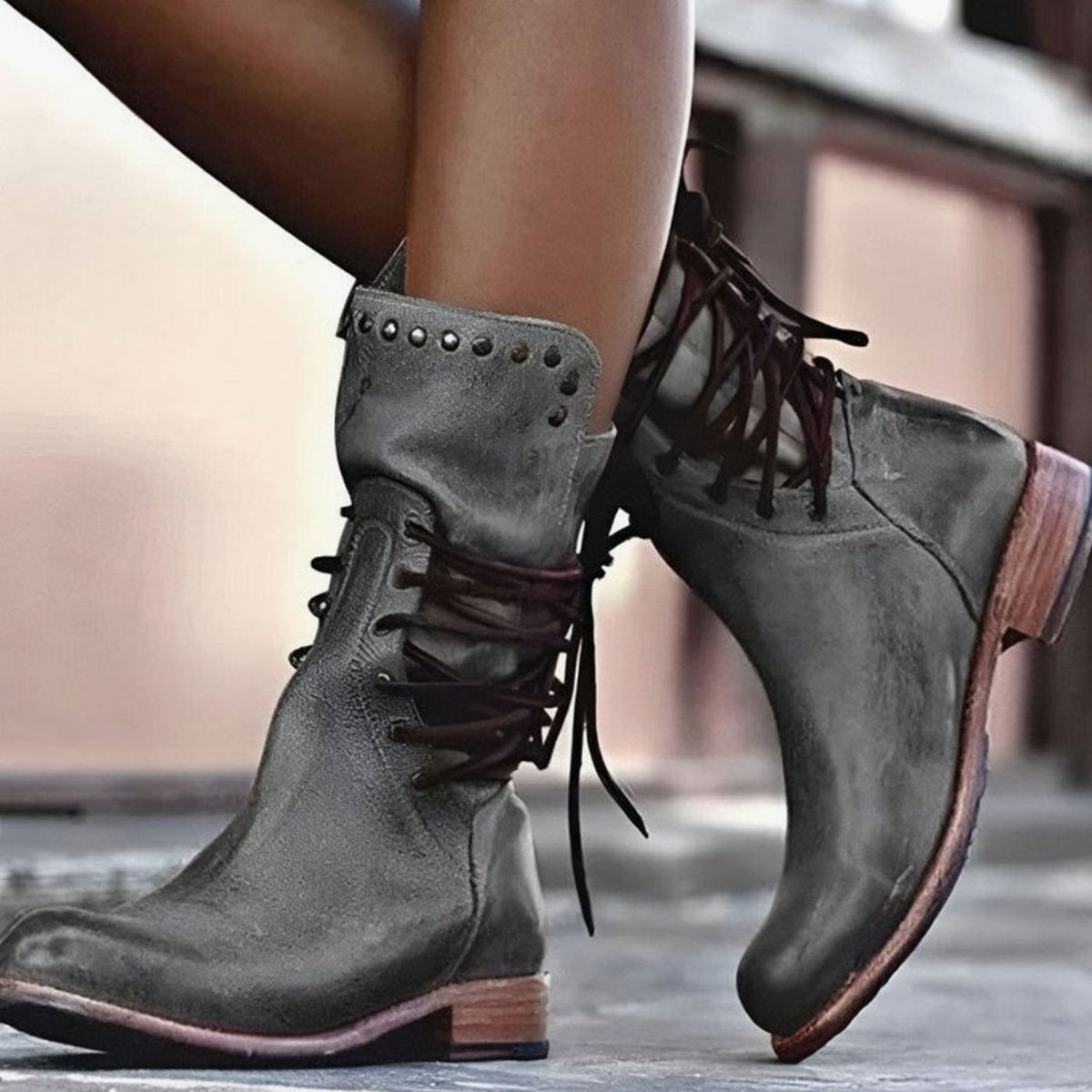 Women's Lace-Up Leather-Look Mid-Calf Ankle Boots - Gray