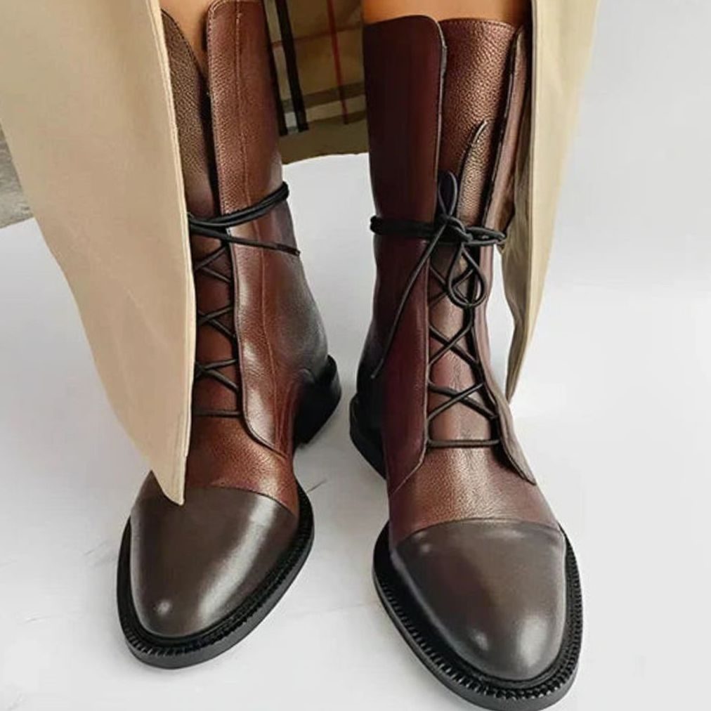Women's Lace-Up Mid-Calf Fashion Ankle Boots - Brown