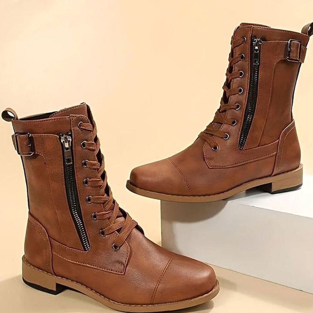 Women's Lace-Up Side-Zip Buckle Combat Boots